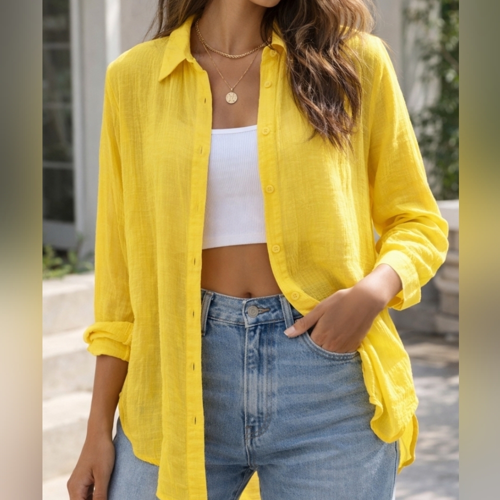 Bright Yellow Sheer Button Down Blouse Medium Lightweight Summer Top
